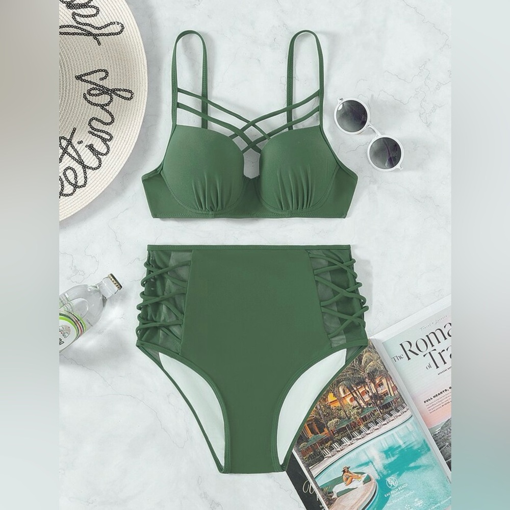 Army Green push-up 2 piece bathing suit with mesh sides on bottom Size XL (12 )